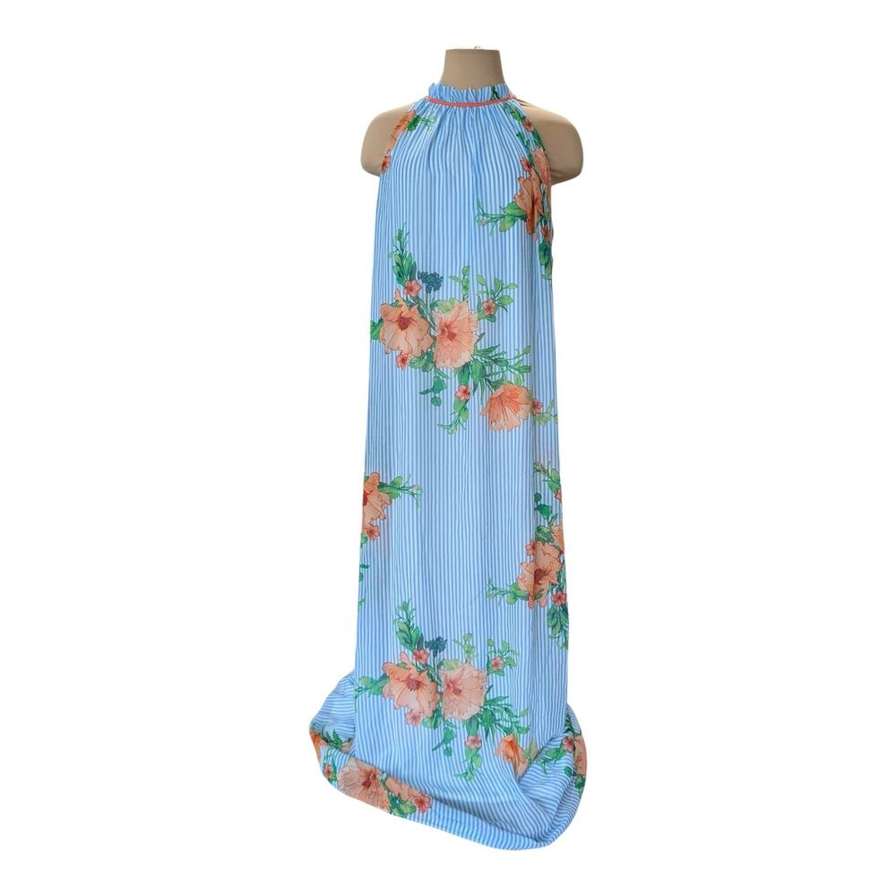 Be By Chetta B Floral Striped Halter Maxi Dress Blue White Orange Boho Size 10